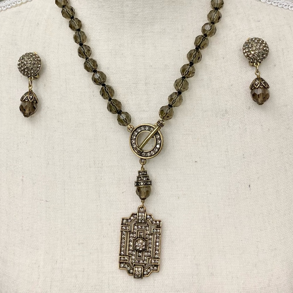 VTG Rare Heidi Daus Crystal Beaded Necklace with Art Deco Pendant & Earrings Set